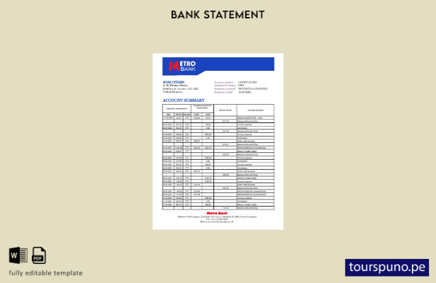 Plantilla de Excel de extracto bancario de Metro del Reino Unido lista para impr